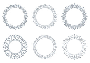 Set of decorative frames Elegant vector element for design in Eastern style, place for text. Floral gray and white borders. Lace illustration for invitations and greeting cards