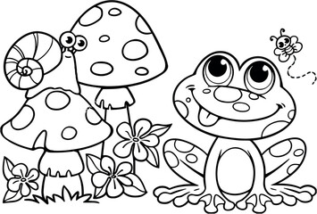 Coloring Page of frog with snail in a beautiful landscape - Coloring book for kids