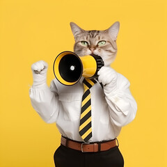 Angry cat wearing tie and shirt with louder on yellow background.