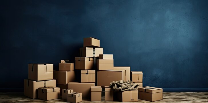 Empty room with stack of cartons: moving house concept, generative ai