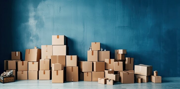 Empty room with stack of cartons: moving house concept, generative ai