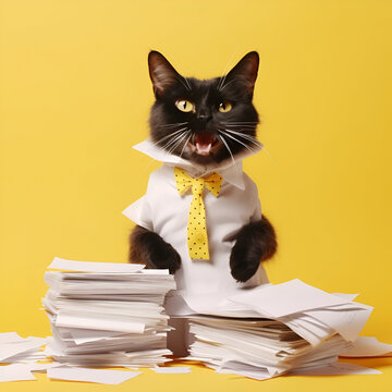 A white cat office worker in a tie and shirt shouts behind his workplace on a yellow background. AI generated content.