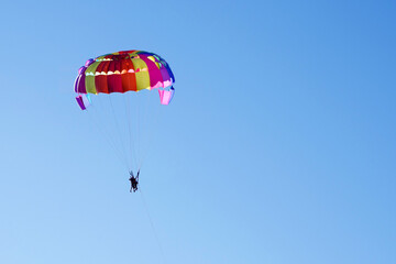Tourists fly on a bright paraglider against the blue sky in the summer on a sunny day. Beach...