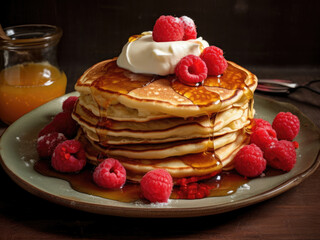 Pancakes served with cream, raspberries and honey