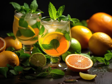 Fresh citrus fruits and cocktails with green leaves