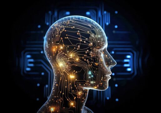 Transparent human head with computer circuitry. Enhanced human abilities through technology