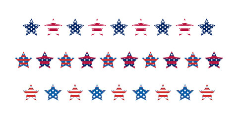 Independence Day United States stars dividers. USA flag illustration, decorations - border lines. Memorial Day, traditional patriotic US frame for American national holiday. Veterans day USA set.