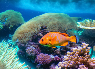 Fototapeta na wymiar beautiful shot of corals and an orange fish under the clear blue ocean. Generative AI