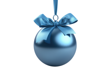 blue Christmas ball with ribbon and a bow, isolated on background. Generative AI