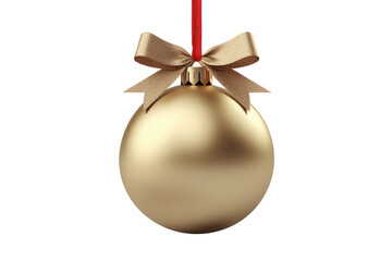 gold Christmas ball with ribbon and a bow, isolated on background. Generative AI - obrazy, fototapety, plakaty