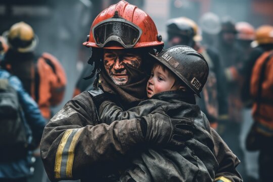 A fireman holding a child in his arms. Generative AI image.