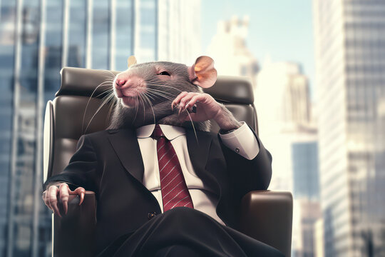Sly rat wearing suit sitting in leather armchair in its luxury office in city business center