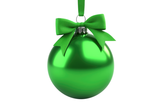 green Christmas ball with ribbon and a bow, isolated on background. Generative AI
