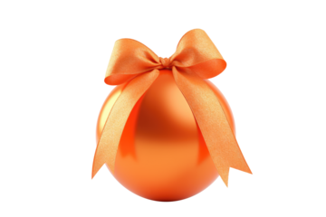 orange Christmas ball with ribbon and a bow, isolated on background. Generative AI