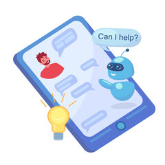 Robot offering help to man on phone screen vector illustration. Virtual assistant advising client via chat messenger app on smartphone. Online customer support, AI, chatbot conversation concept