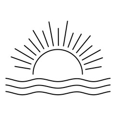 Sun and waves on isolated white background, sunset, linear logo, vector illustration