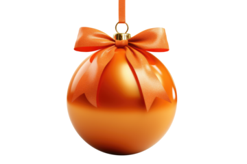 orange Christmas ball with ribbon and a bow, isolated on background. Generative AI