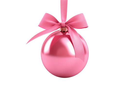 pink Christmas ball with ribbon and a bow, isolated on background. Generative AI