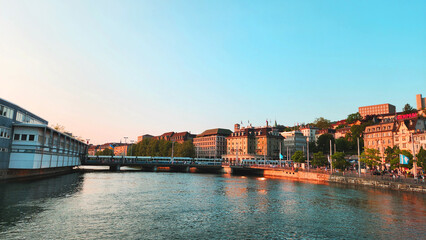 Fototapeta premium panorama view from lake Zurich in Switzerland taking during sunset time