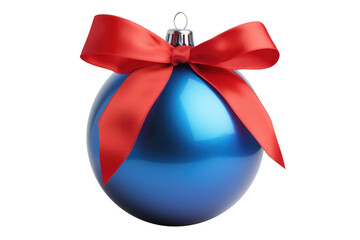 Red blue Christmas ball with ribbon and a bow, isolated on background. Generative AI