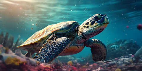 Fototapeta premium Plastic Ocean - An underwater shot of marine wildlife surrounded by plastic waste to raise awareness about ocean pollution. Generative ai