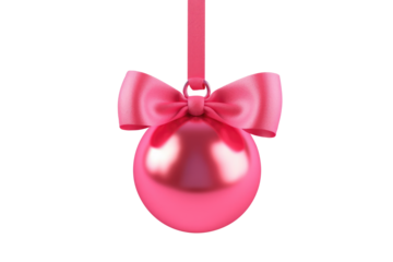 pink Christmas ball with ribbon and a bow, isolated on background. Generative AI