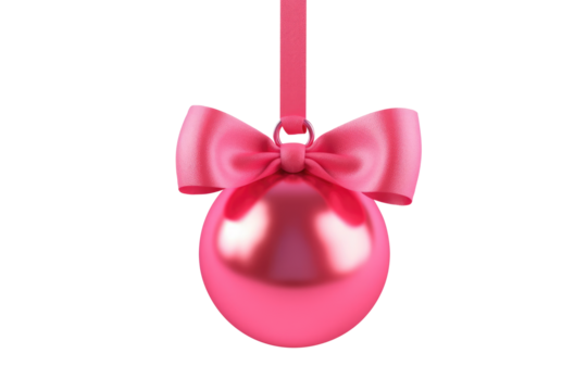 pink Christmas ball with ribbon and a bow, isolated on background. Generative AI