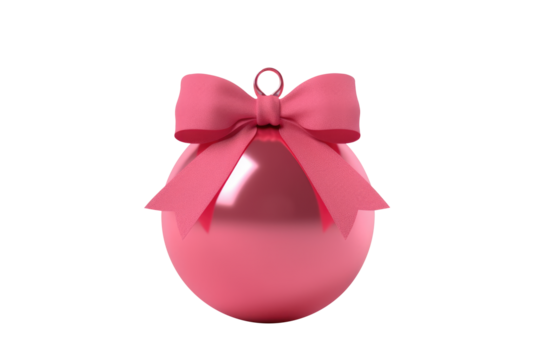 pink Christmas ball with ribbon and a bow, isolated on background. Generative AI