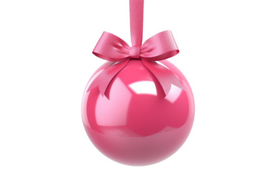 pink Christmas ball with ribbon and a bow, isolated on background. Generative AI