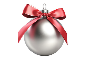 Red silver Christmas ball with ribbon and a bow, isolated on background. Generative AI