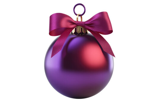 purple Christmas ball with ribbon and a bow, isolated on background. Generative AI