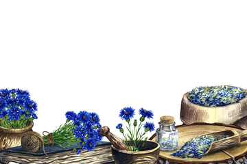 Banner with cornflower officinalis, medicinal herb, dried, crushed and fresh. Wooden utensils and an old recipe book. Country style. For pharmacy and spa care. Watercolor hand drawn illustration. - obrazy, fototapety, plakaty