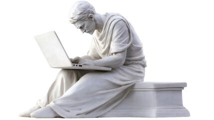 A marble statue of a greek man working on a laptop on a transparent background, Generative AI - obrazy, fototapety, plakaty