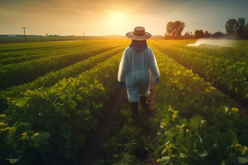 Fototapeta premium Sustainable Agriculture - A farmer in a field using eco-friendly methods such as crop rotation and natural pest control. Generative ai.