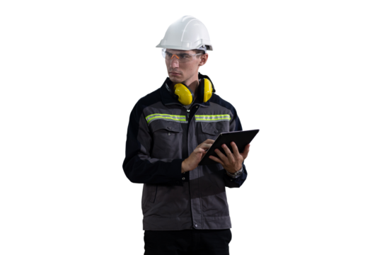 Male engineer working with digital tablet on white background. Male technician worker holding computer tablet, wearing safety uniform, helmet and glasses on white background