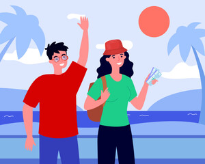 Happy couple on beach with plane tickets vector illustration. Cartoon drawing of smiling husband and wife going on trip for holiday, summer outdoor activity. Summer, traveling, vacation concept