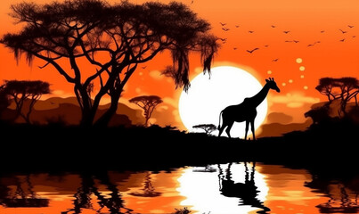 africa elephant nature wildlife animal giraffe sunset safari wild silhouette. Generative AI.