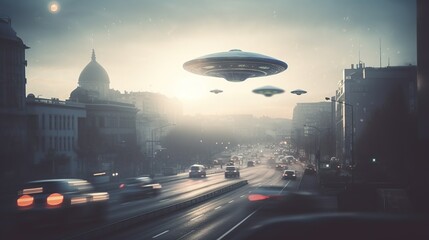 Flying saucer over the city. UFO. Alien invasion. AI generative image. - obrazy, fototapety, plakaty