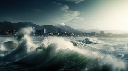 Natural disaster. Massive tsunami. AI generative image.