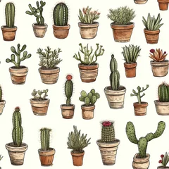 Zelfklevend Fotobehang Cactus in pot Drawn different cacti on a white background in vintage style.