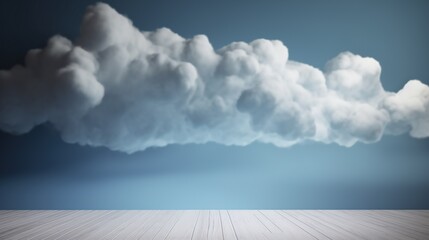 Clouds, sky, floor, blue studio background. AI generative image.