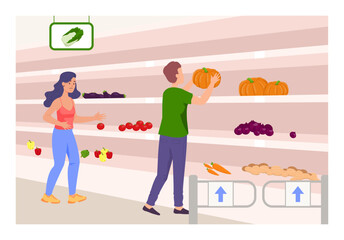 People shopping at supermarket vector illustration. Fruit and vegetable shortage on grocery store shelves, man picking pumpkin. Food crisis, drought, climate change concept