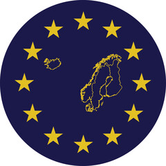 Badge of Outline Map of Nordic - North Europe countries in colors of EU flag