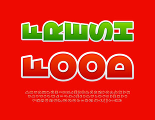 Vector bright banner Fresh Food with set of Red Alphabet Letters, Numbers and Symbols. Rotated creative Font