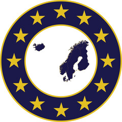 Badge of Blue Map of Nordic - North Europe countries in colors of EU flag