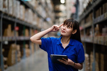 Asian female worker using digital tablet to check inventory stock on shelves at factory. Distribution center, transportation business and logistics delivery service.