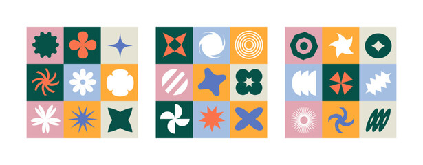 Vector set of seamless patterns with different geometric shapes and elements. Set of geometric modern brutalist shapes. Y2K elements set. Graphic template for notebook, banner, mobile, posters.