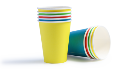 A set of  tack of bright colorful disposable paper cups isolated clipping path with shadow on white background.