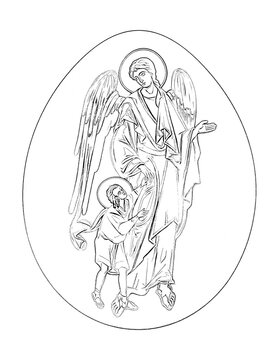 Guardian angel with kid. Easter egg in vintage style. Religious illustration to color black and white