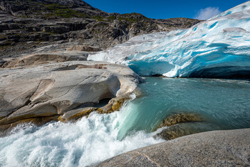Melting Glacier Nigardsbreen Nigar Glacier arm of Jostedalsbreen located in Gaupne Jostedalen valley Norway